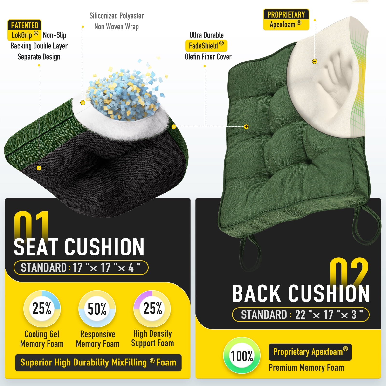 SUNROX Memory Foam Non Slip Rocking Chair Cushion, Set of Seat & Back Cushion with Ties for Indoor/Outdoor Rocker, FadeShield Water Resistant Thicken Durable Tufted Pads, 2 Piece, Army Green