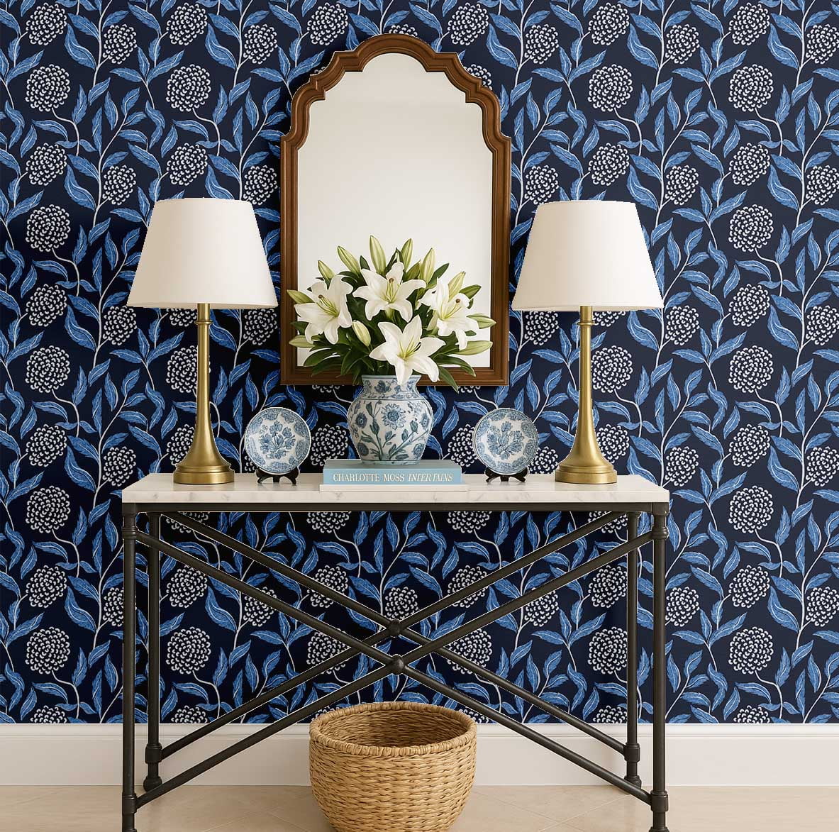 S4Sassy Peel and Stick Wall Covering, Chic Botanical Cluster Print Removable Walls Wrap - Blue Instant Wall Makeover Walls Mural for Bathroom, Laundry Room - Self-Adhesive Wallpaper Vinyl - 25"x60"