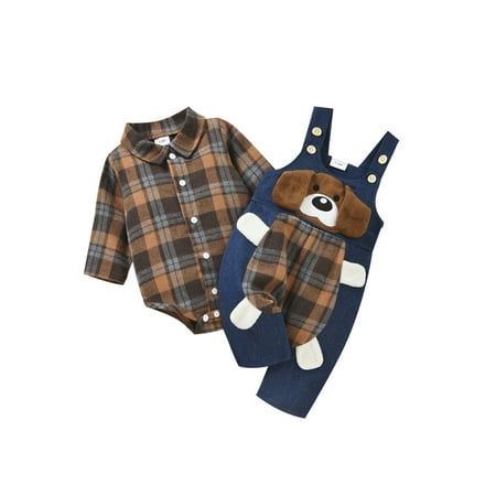 

Yinyinxull Infant Baby Boys Clothes Spring Long Sleeve Plaid Romper+Cartoon Dog Pattern Long Suspender Pants Brown 6-9 Months