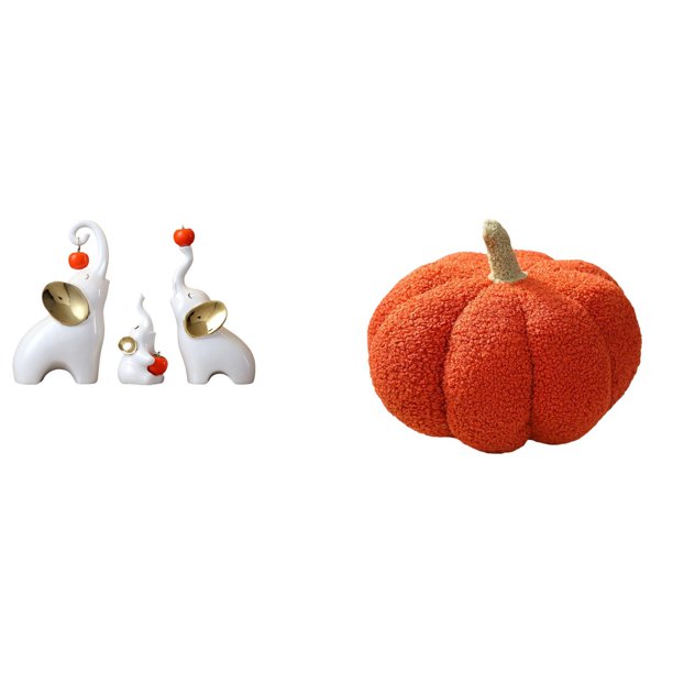 Esculturas De Familia De Elefantes Y Almohadas De Peluche De Calabaza. Estatuas Decorativas De Animales Y Cojines De Peluche Para La Decoración De La Sala De Estar, El Dormitorio Y El