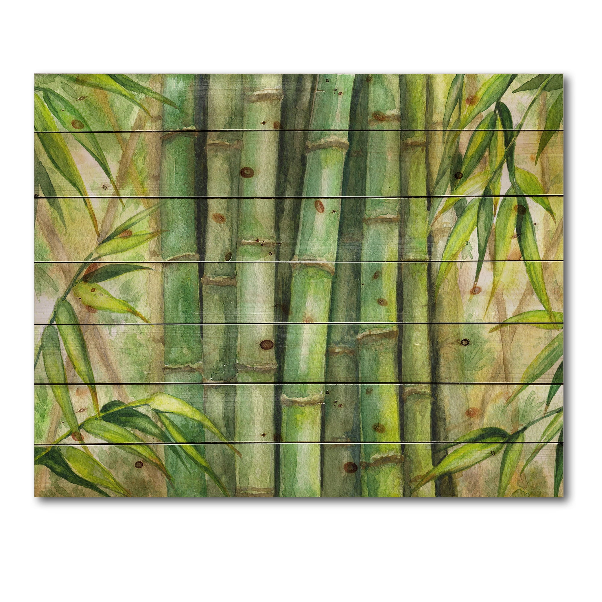 Designart 'Bright and Green Bamboo Stems' Transitional Print on Natural Pine Wood