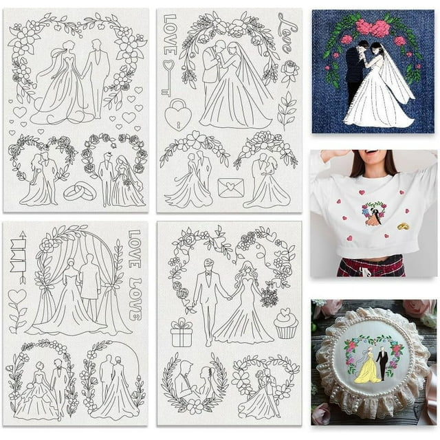 4Sheets 28Pcs Water Soluble Embroidery 11.7x8.3inch Wedding Valentine Pattern Transfers Water Soluble Stabilizer for Embroidery Stick and Stitch Embroidery Designs