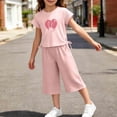 thumbnail image 6 of HOMBOM Girls Summer Outfits Heart Print Crew Neck Short Sleeve Top with Side Drawstring & Elastic Waist Capri Pants 2 Piece Casual Set Age 2-10Y,Pink,5-7 Years, 6 of 6