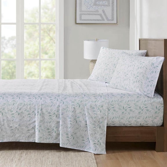 200-Thread Count Printed Cotton 4-Piece Green Leaves Queen Sheet Set