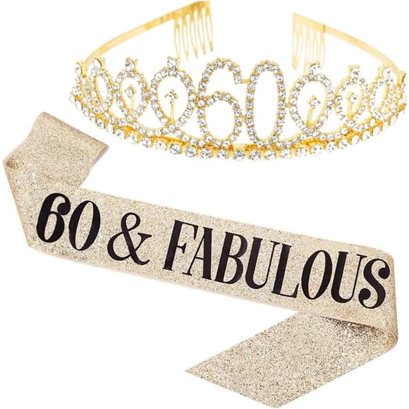 Cangfort 60th Birthday Sash, Gold Happy Birthday Girl Crown Set, Sixty Years Old Decorations Gifts for Birthday Supplies