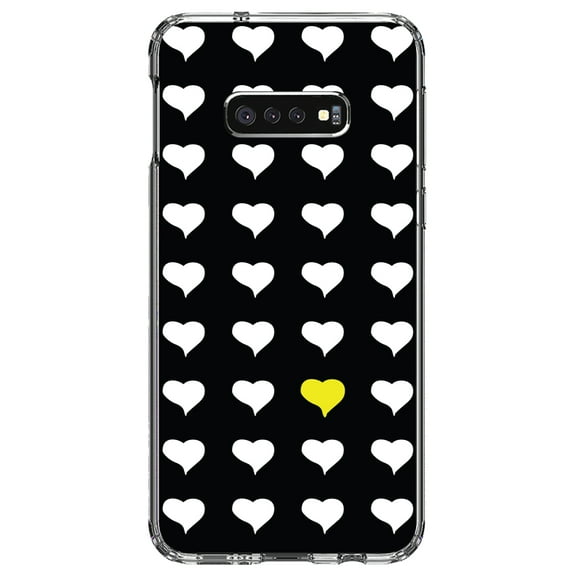 DistinctInk Clear Shockproof Hybrid Case for Samsung Galaxy S10e (5.8" Screen) - TPU Bumper, Acrylic Back, Tempered Glass Screen Protector - Yellow White Black Repeating Hearts