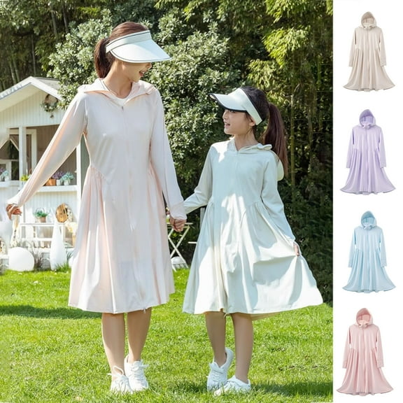 MKOSPLRT Girls' Long Sun Dress UPF 50 Cooling Hooded Cover-Up Summer Ice Silk Sun Protection Dress Breathable Outdoor Play Outfit with Thumb Holes