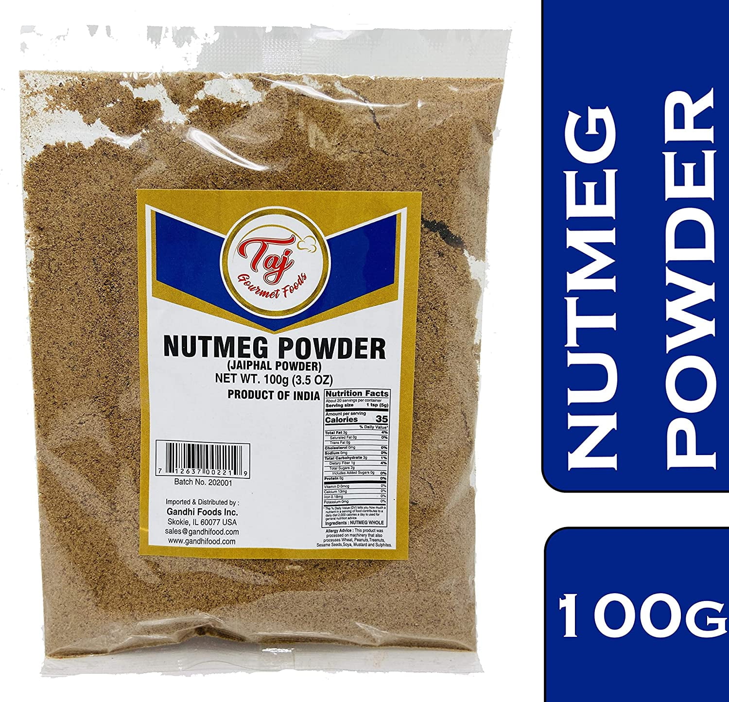 TAJ Premium Indian Nutmeg Powder, Nutmeg Ground, 100 grams