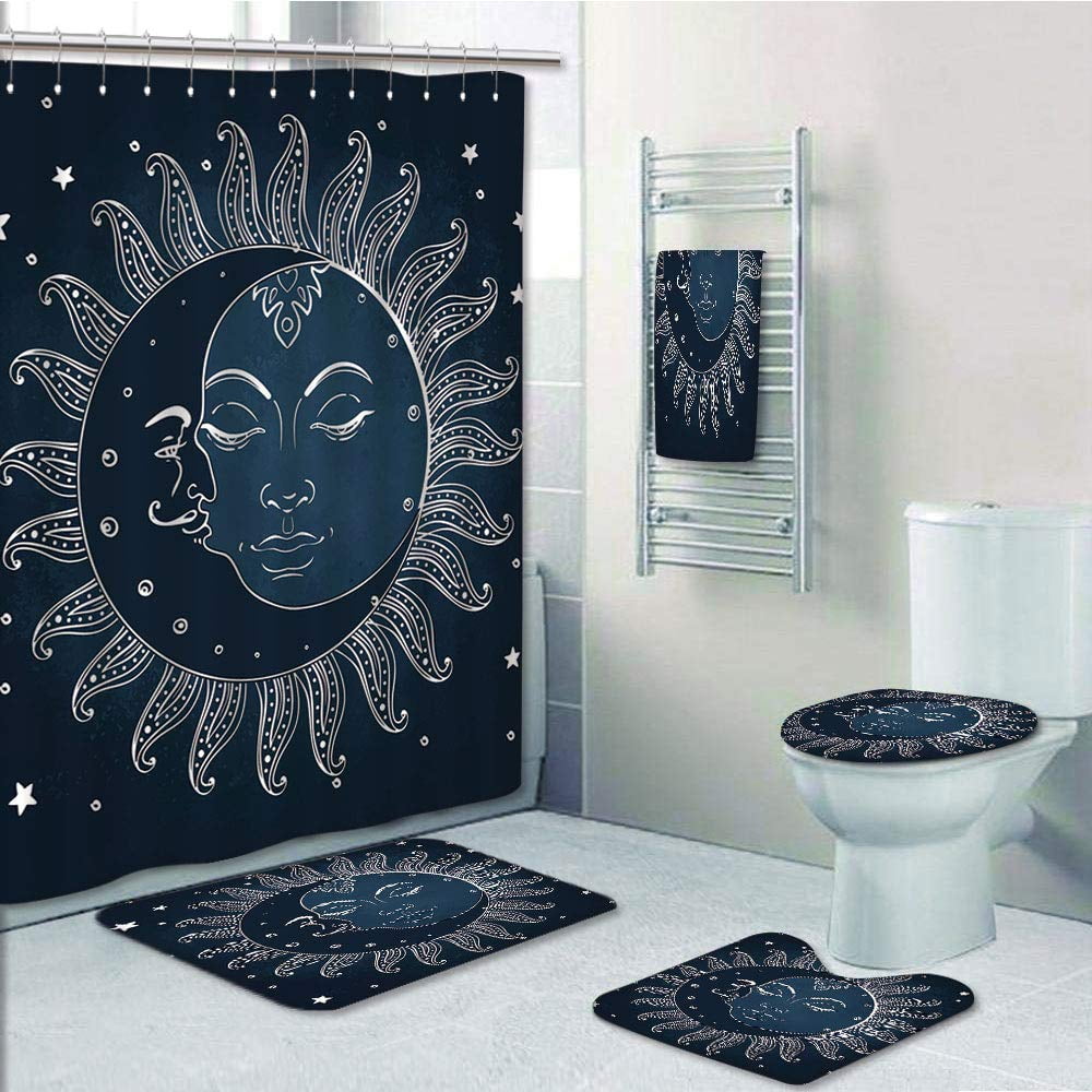 PRTAU Sun Moon Spiritual Celestial Sun with Crescent Moon Midnight Dark Slate 5 Piece Bathroom