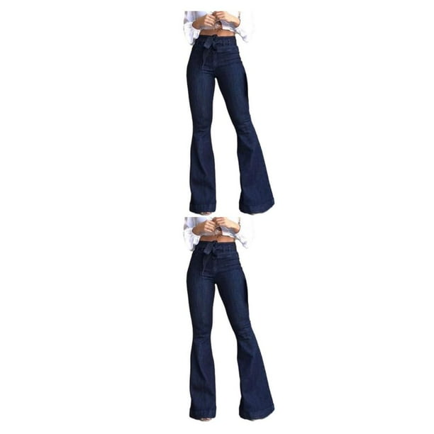 Jumpingount Pantalones vaqueros de pierna ancha para mujer, pantalones acampanados de cintura alta, pantalones elásticos de primavera con correa Azul SG 2piezas