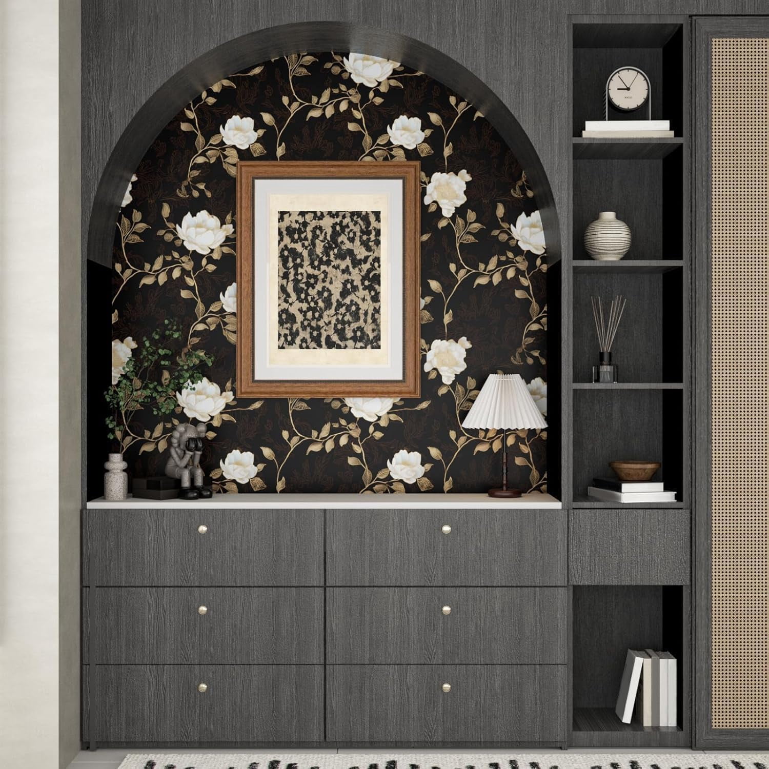 Black Golden Floral Peel and Stick Wallpaper Flowers Contact Paper 17.5"x118" Self Adhesive Waterproof Vintage Dark Wall for Shelf Liner Cabinet Decor
