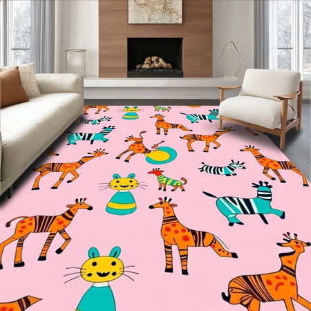 ODIKA 8'x10' Machine Washable Non-Slip Area Rug, Whimsical Safari Adventure with Playful Giraffes and Zebras High Traffic Rug, Pink, 682866
