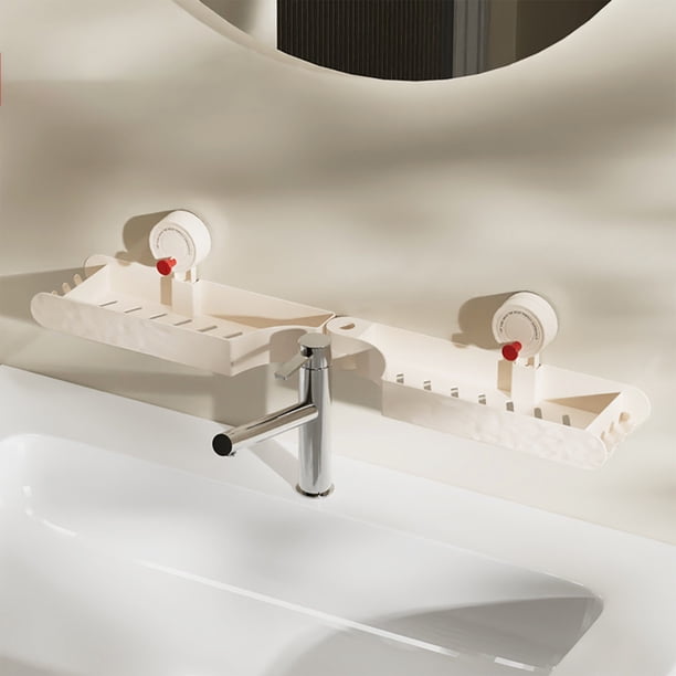 Estante de baño esquinero con ventosas | Estante de ducha de pared | Diseño de drenaje hueco | Plegable para lavabo y encimera | Rosa o blanco