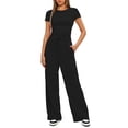thumbnail image 5 of Two Piece Sets for Women Summer Casual Outfit Sets Solid Color Button Down Round Neck Short Sleeve Tops and Drawstring Wide Leg Pants with Pocket Sets Relaxed Vacation Wear, 5 of 8