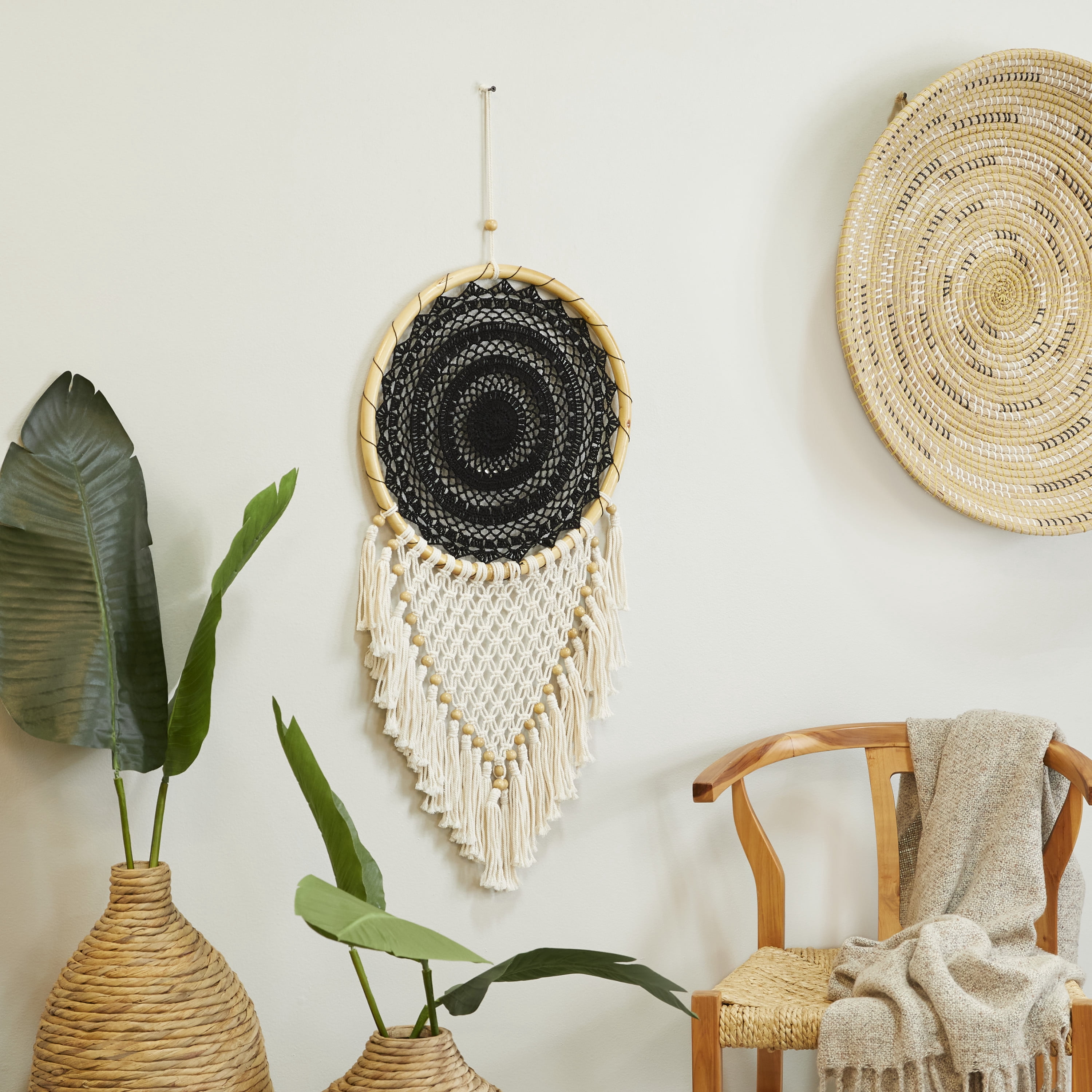 Solid Handmade Intricately Woven Macrame 16" x 42" Dreamcatcher Wall Decor with Beaded Fringe Tassels, by DecMode
