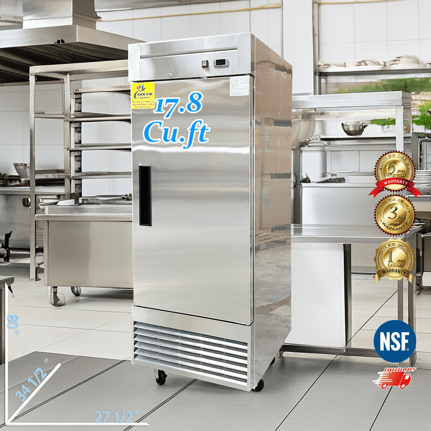 Cooler Depot  27 inch, 17.78Cu. Ft, Solid door Upright Reach-In Commercial Restaurant Freezer, Stainless Steel, NSF Certified.