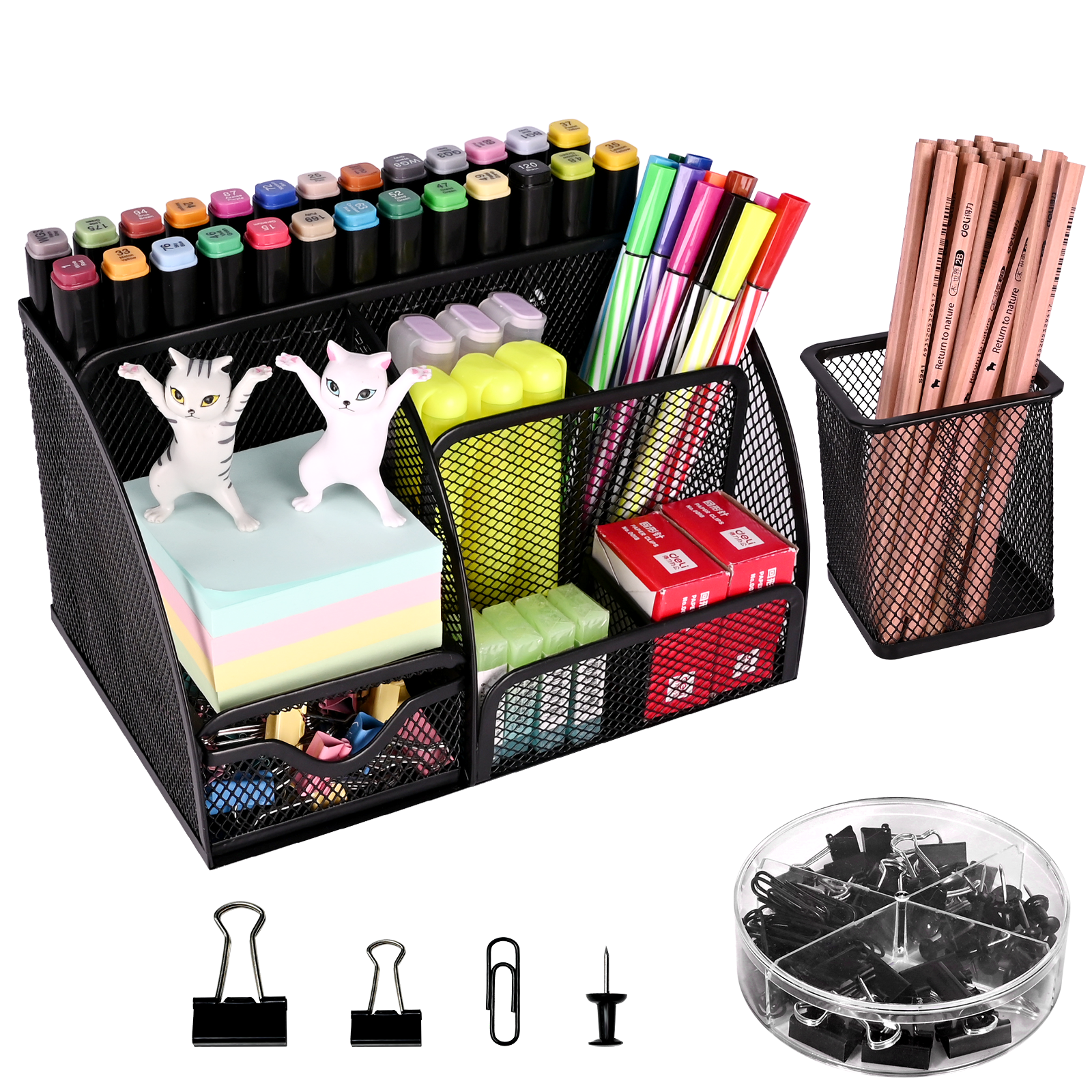 Black Mesh Office Supplies Organizer Set - 72PCS Accessories, Basket & Pen Holder for Desk