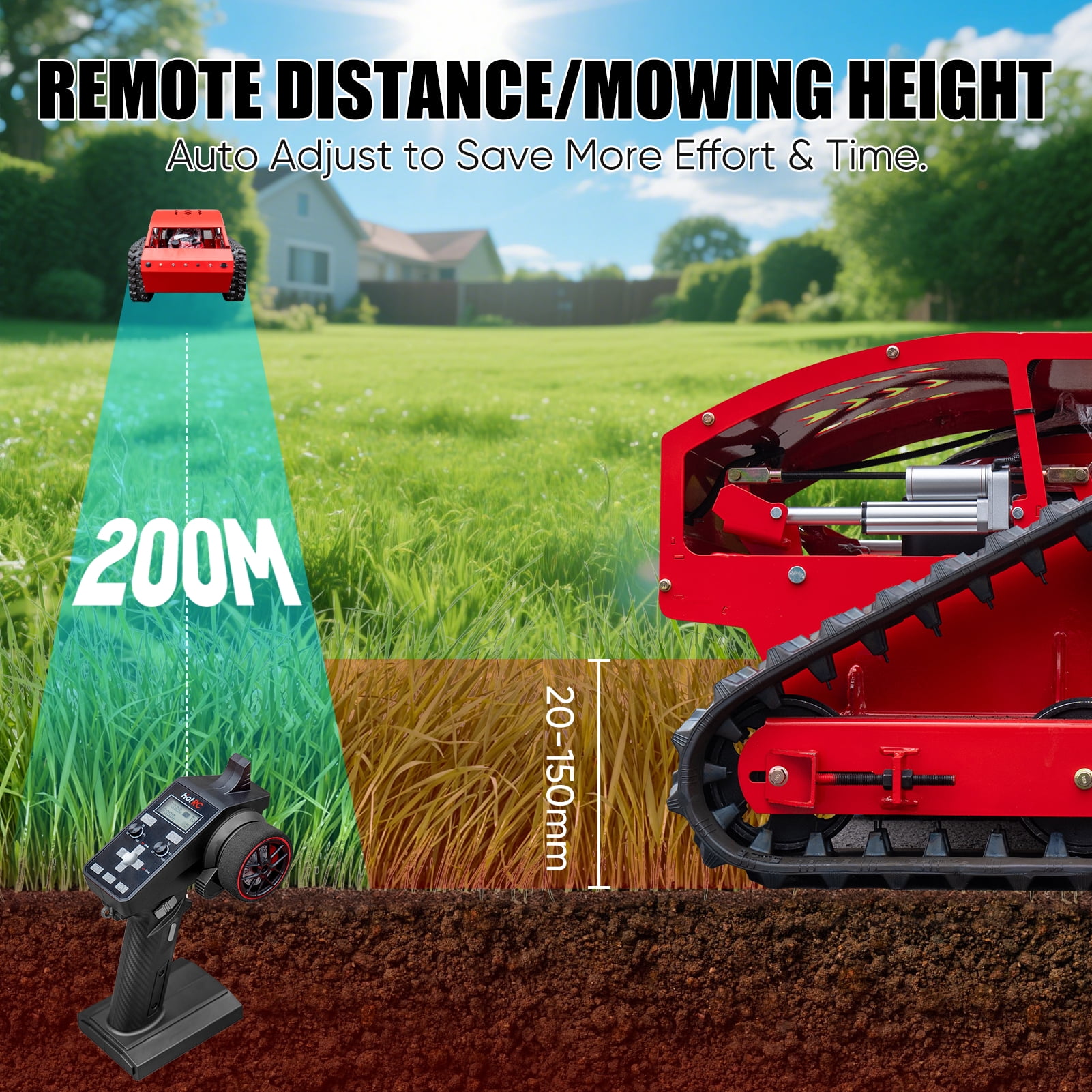 MMS Remote Control Track 21.65" Lawn Mower With 9HP 224cc Gas Engine, One-Hand Control Remote, Adjustable Cutting Height Robotic Lawn Mower for Slopes, Orchards & Commercial Landscaping
