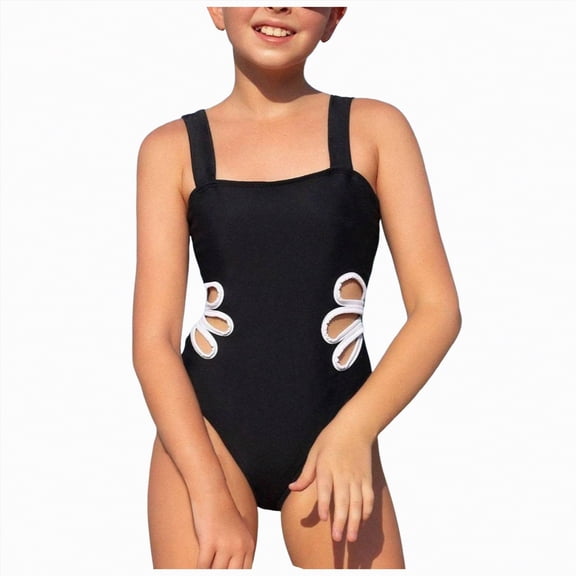 Linfrsh Girls One Piece Bathing Suit Girls' Stretch One Piece Swimsuit Quick Dry Beach Swimwear(Black,8 Years)