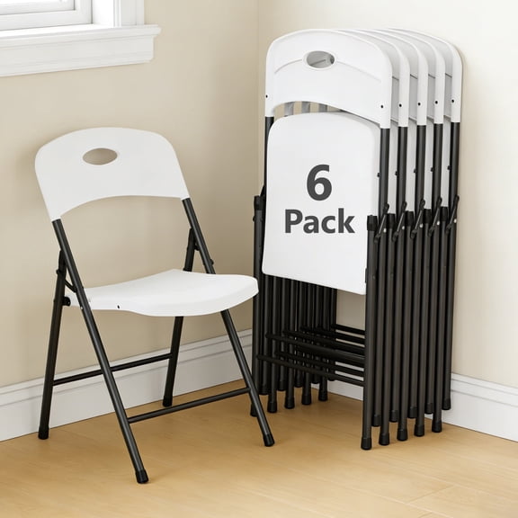 HOUSNIFLEX 6 Pack Portable Plastic Folding Chair with Back Support, Heavy Duty Steel Frame, Indoor Outdoor for Party Wedding Office Patio, White