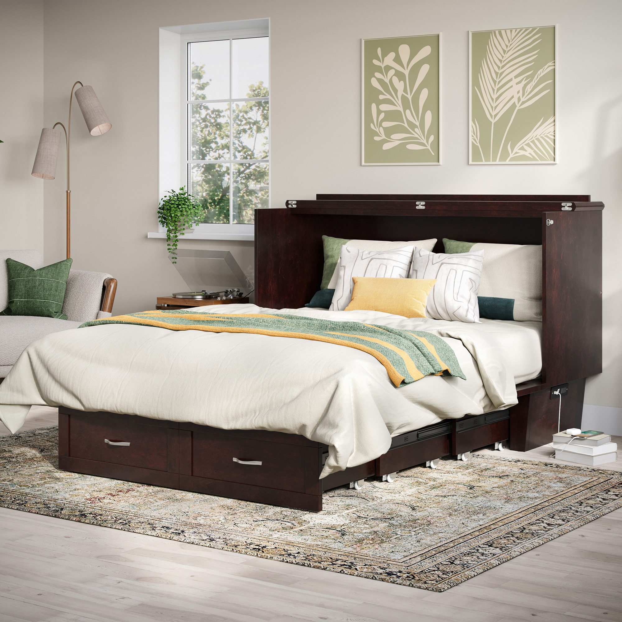 AFI Chelsea Queen Murphy Bed Chest with Mattress, Storage & Built-in Charging, Espresso