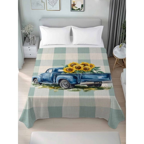 Blue Truck Yellow Sunflower King Size Flat Sheet, Wrinkleproof & Fadeproof Cooling Flat Bed Sheet Only, Teal Plaid Vintage Summer Breathable Soft Bedding Top Sheets 105 x 98 Inches