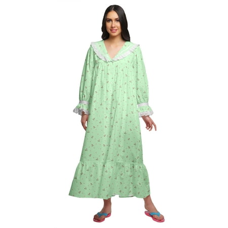 

Moomaya Printed V-Neck Sleepwear Cotton Ruffled Border WoMen s Maxi Nightdress