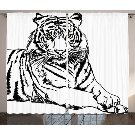 Animal Print Curtains 2 Panels Set Sketch Of A Posing Tiger Bright Eyes Largest Cat Species Dark Vertical Stripes Artprint Living Room Bedroom