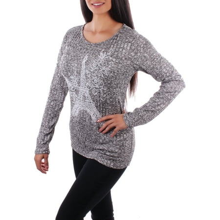 - Enimay Women's Fashion Long Sleeve Beaded Paris Eiffel Tower Top MADE IN USA Rib Charcoal Small