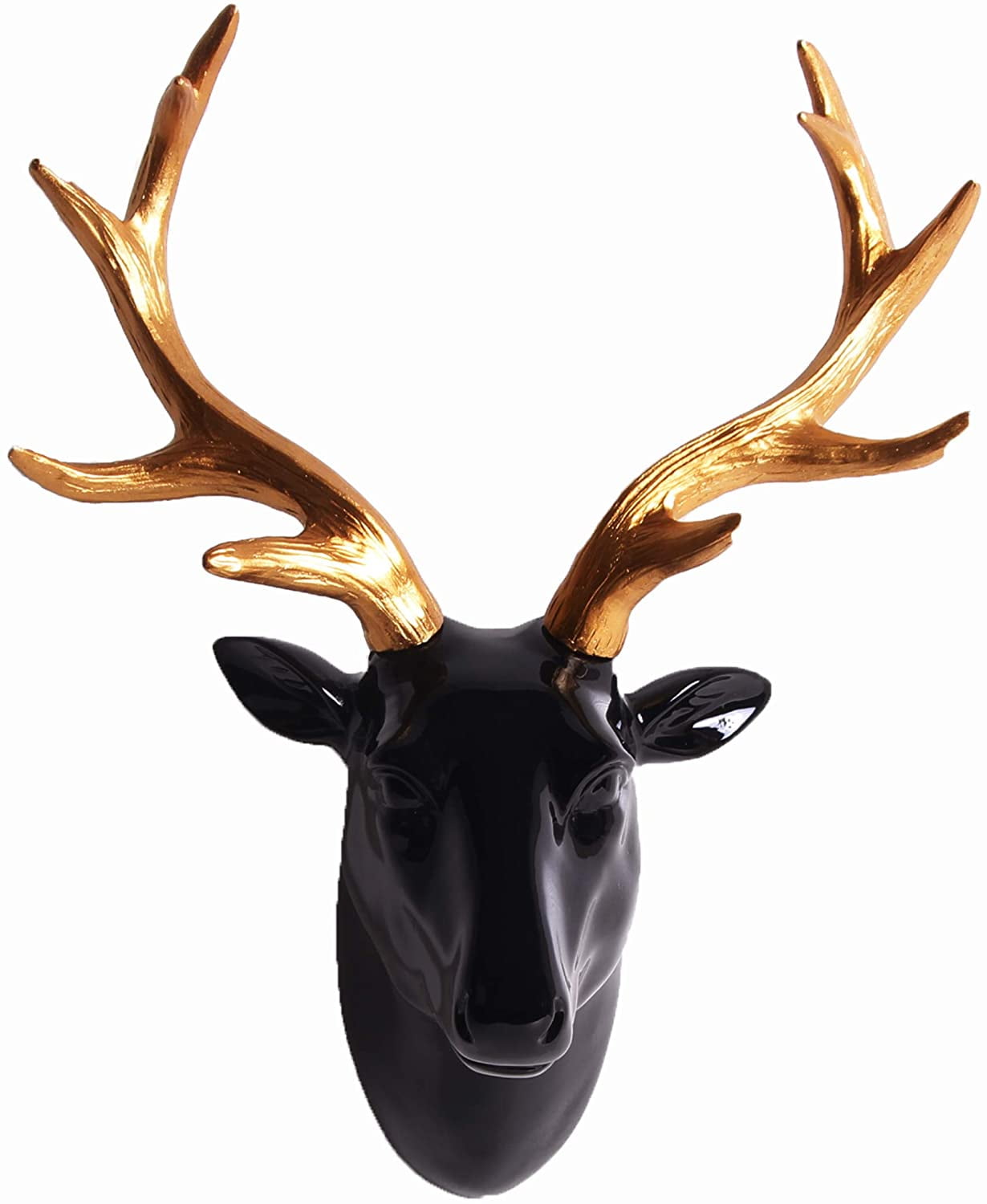 Glossy Black Faux Resin Deer Head Wall Decor with Gold Antlers for Wall
