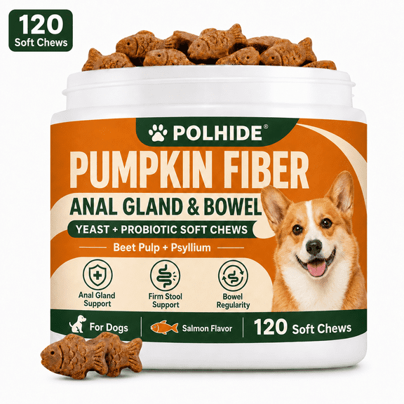 POLHIDE Pumpkin Fiber Soft Chews for Dogs, Anal Gland Support, Salmon Flavor, 120 Count