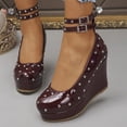 thumbnail image 2 of SACFOF Womens Studded Platform Wedge Pumps Round Toe Double Ankle Strap Buckle Closed Toe Dress Shoes for Party Office Evening, 2 of 6