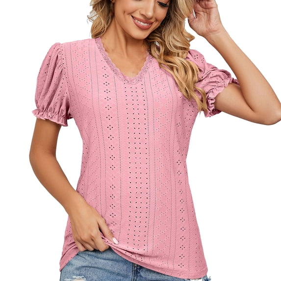 YYDGH Womens Lace Trim V Neck Shirts Puff Ruffle Sleeve Elegant Blouse Solid Color Fashion Casual Tunic Tops Pink L