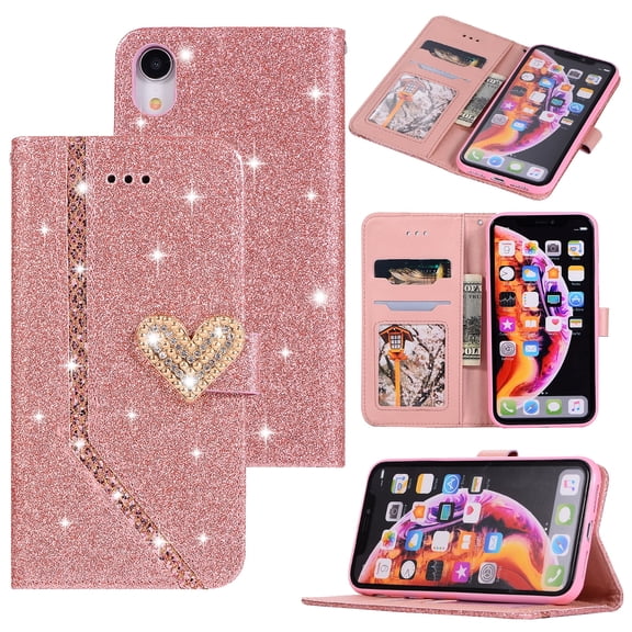 iPhone XR Case, Allytech PU Leather Glitter Bling Diamond Embossed Kickstand Folio Dust Proof Protective Cards Slots Magnetic Closure Wallet Purese Case Cover for Apple iPhone XR 2018, Rosegold