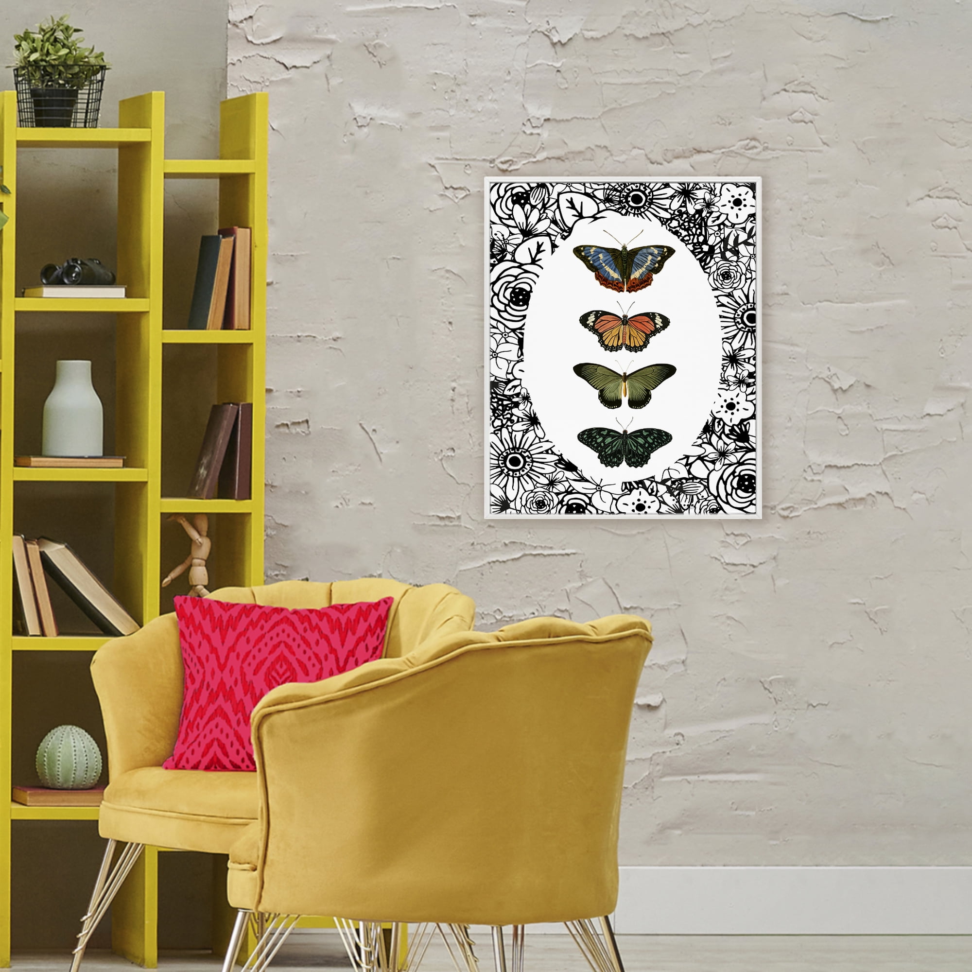 Stupell Industries Floral Border Butterfly Lineup White Framed Giclee Art, design by Dan Meneely