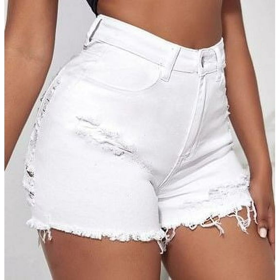 High Waist Ripped Raw Denim Shorts-White