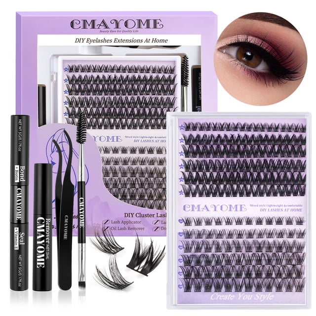 Fofosbeauty DIY Lash Extension Kit, 126pcs Individual Lashes Cluster, 10-18mm Mix Lash Clusters for Women Kids Teens, with Lash Bond Seal Remover(5ML) Eyelash Brush Tweezer, Black Natural