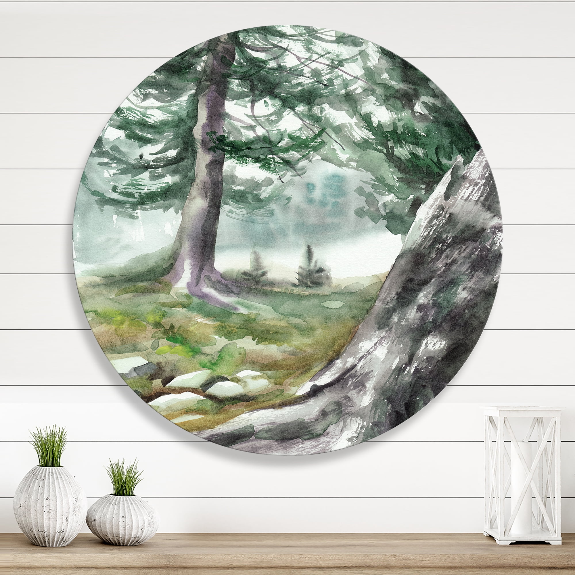 Designart 'Pine Forest In The Early Morning Glow' Lake House Circle Metal Wall Art 23x23 - Disc of 23