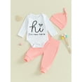 thumbnail image 2 of FEORJGP Infant Baby 3 Piece Clothes Outfits 3M 6M 9M 12M Newborn Boys Girls Long Sleeve Rompers Letter Print Jumpsuit and Elastic Pants Beanie Hat Set for Toddler Clothes, 2 of 9