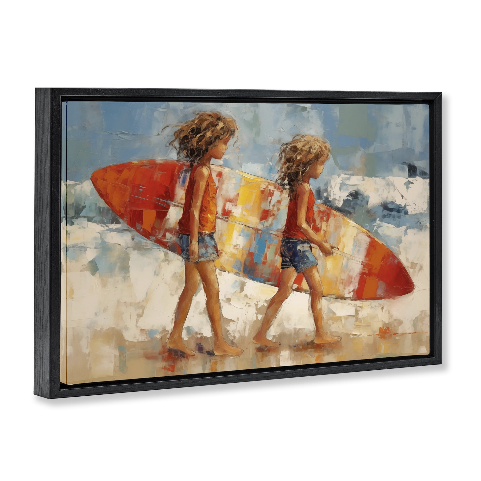 Stupell Industries Kids with Surfboard Sports Painting Black Floater Framed Canvas Art Print Wall Art, 25 x 17