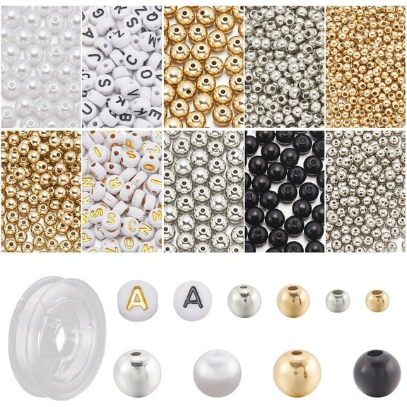 1900Pcs 10 Styles Gold Silver Spacer Beads White Plastic Pearl Beads Small Black Smooth Loose Round Alphabet Letter Beads for Jewelry Making Earring Bracelet Birthday Gifts Women Beginners Colorful