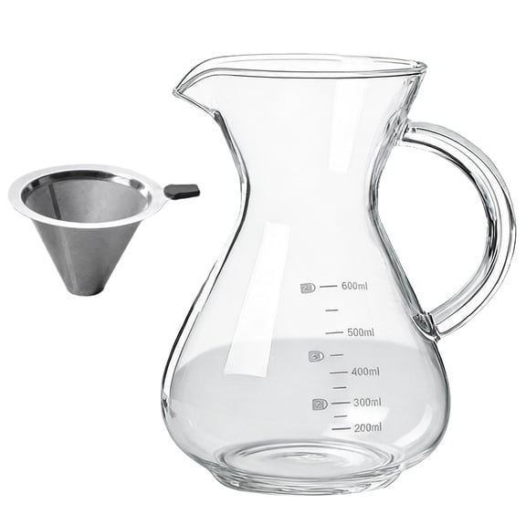 Pour Over Coffee Maker, 600 ml Borosilicate Glass Carafe with Reusable Stainless Steel Filter, Measurement Markings, Heat-Resistant Handle, 3.7 in Mouth, 6.7 in Tall for Home Coffee Brewing