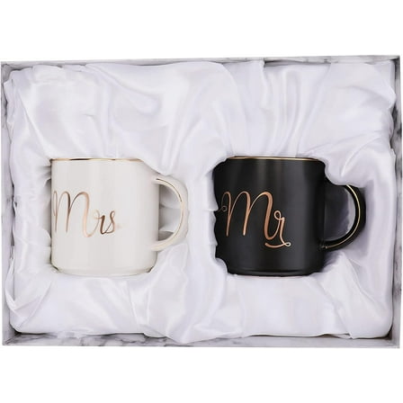 12 oz Mr and Mrs Mug, Ceramic Coffee Mug for the Couple, Ideal Gift for Engagement, Anniversary, His and Hers, Bride and Groom, Valentines and Christmas Gifts - Set of 2 (Black & White)