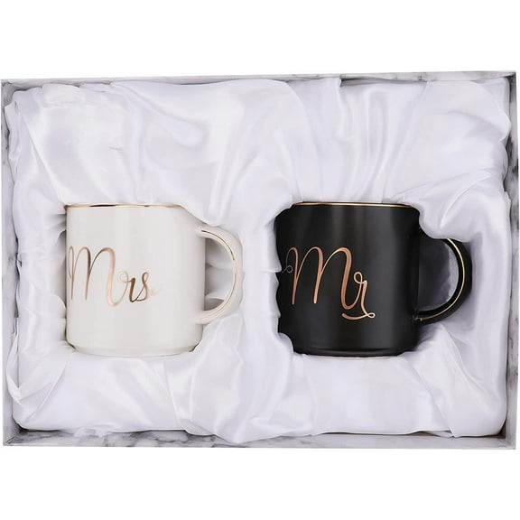 12 oz Mr and Mrs Mug, Ceramic Coffee Mug for the Couple, Ideal Gift for Engagement, Anniversary, His and Hers, Bride and Groom, Valentines and Christmas Gifts - Set of 2 (Black & White)