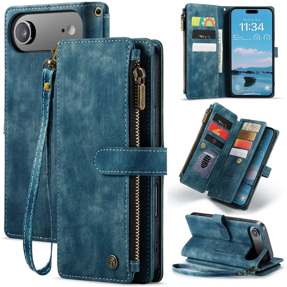 for iPhone 17 Air Wallet Case with 10 Card Slots, Zipper Pocket and Magnetic Flip Folio, RFID Blocking Card Holder Stand Leather Detachable Wristlet Strap 3-in-1 Case for Women and Men,Blue