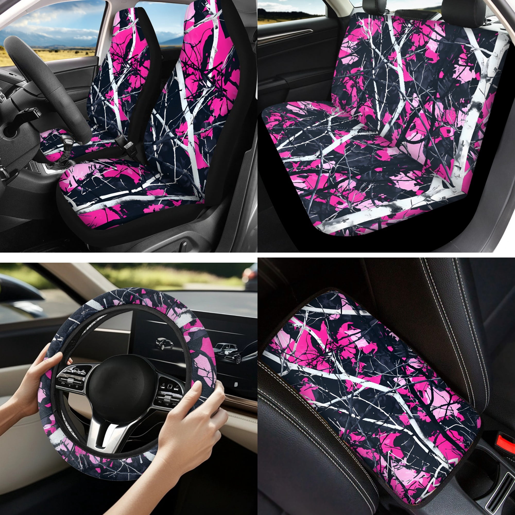 Jeiento Camo Oak Hunting Wood Car Seat Cover Full Set with Steering Wheel Cover Seat Belt Strap Pads Armrest Pad Coasters Keychain Lipstick Holder Pink 13 PCS Automobile Accessory Interior Decor