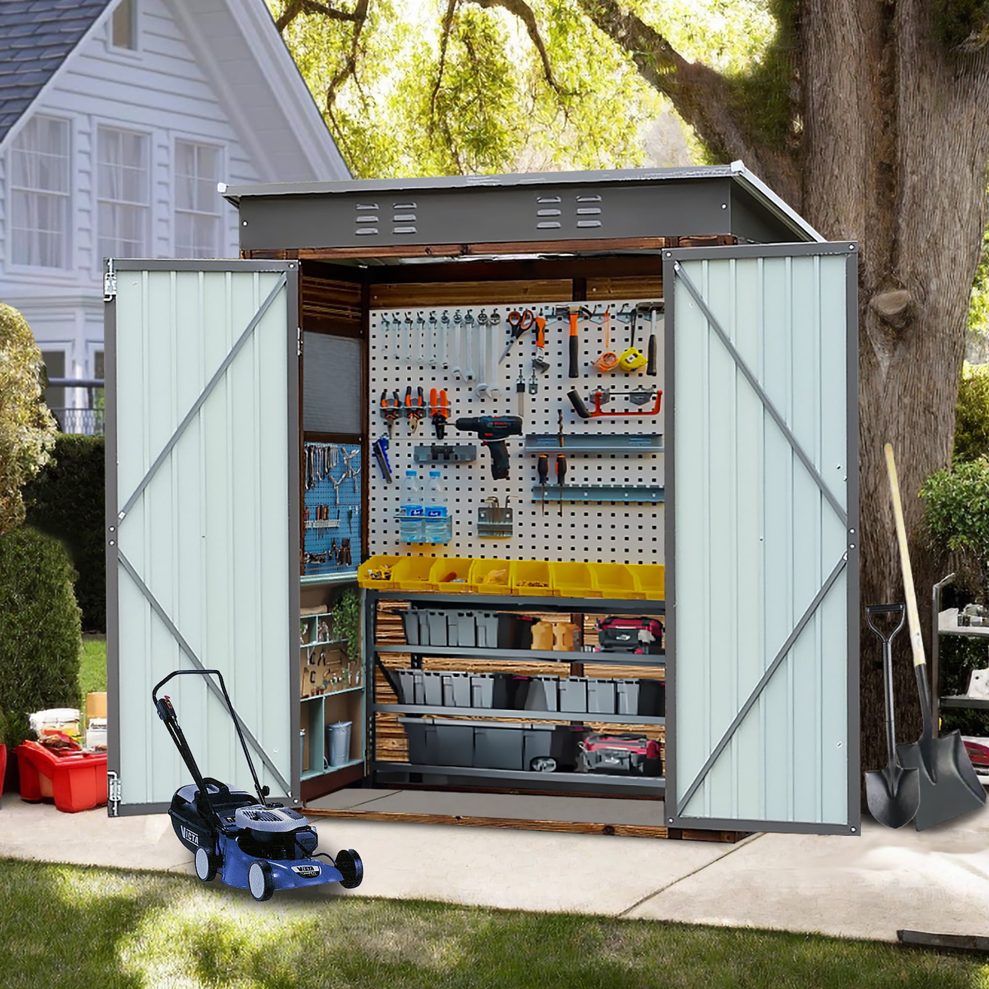 5 ft. W x 3 ft. D Outdoor Iron & Solid Wood Lean-To Tool Storage Shed with Two Doors and Windows