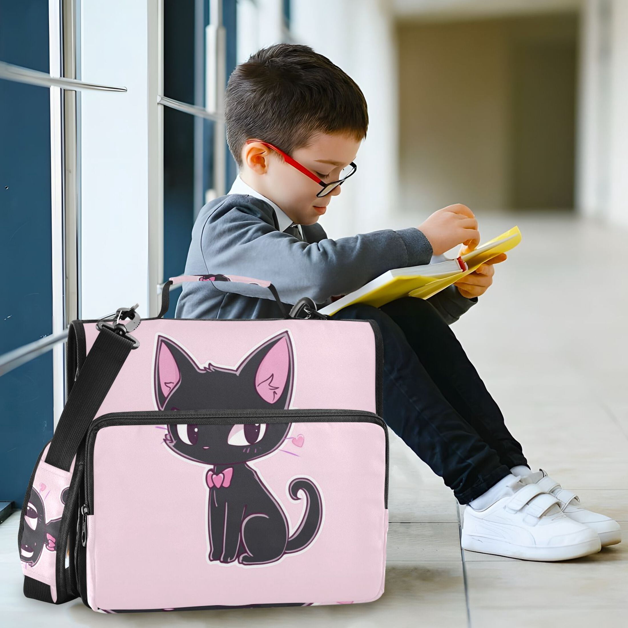 3 Ring Zipper Binder with Shoulder Strap Waterproof Trapper Keeper 2 Inch D-Ring 500 Sheets Capacity Lovely Cat Wear Bow Tie