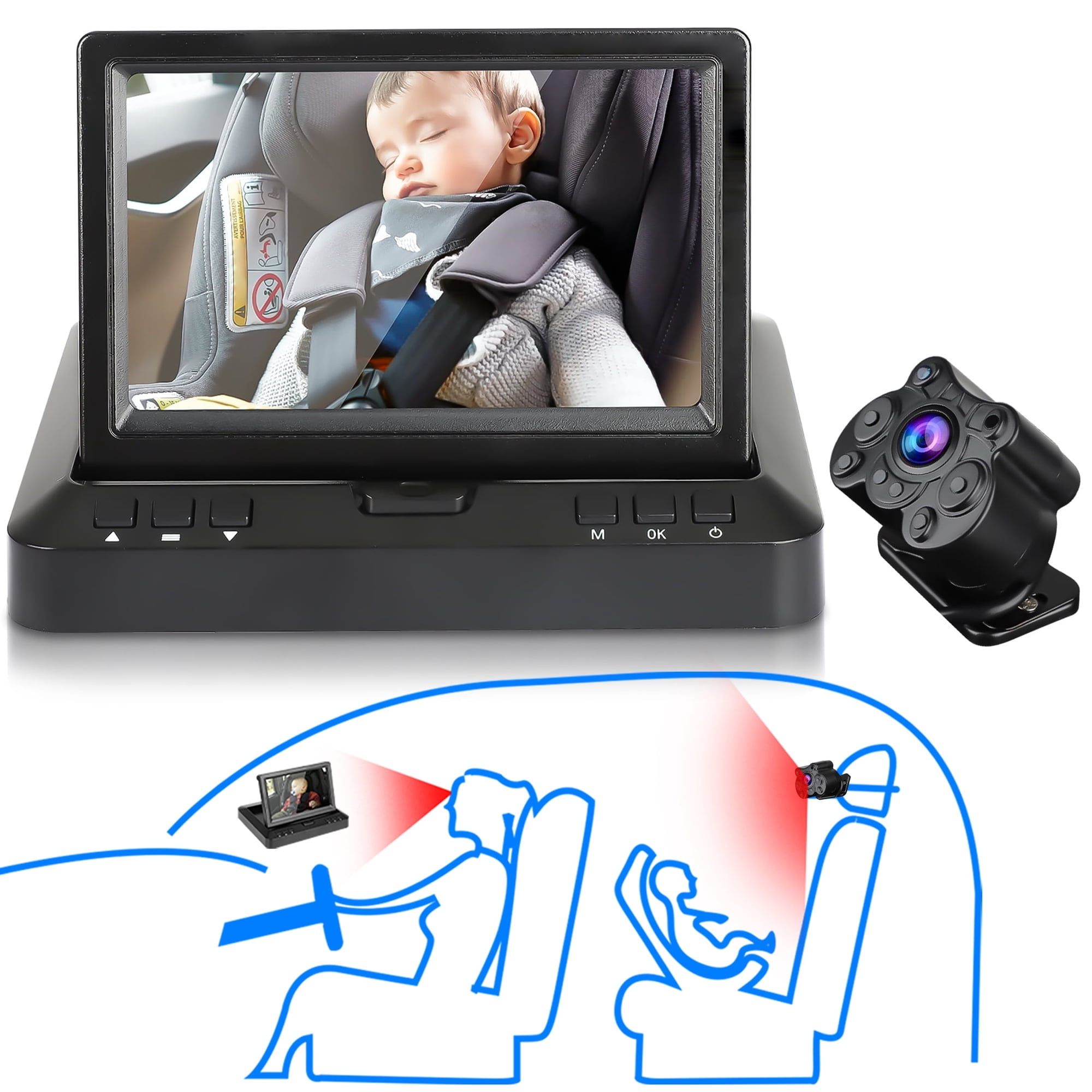 TSV Baby Car Camera with 4.3 HD Monitor Rear Seat Baby Monitor for Car Night Vision 170&deg; Wide Angle Easy Install for Infants & Toddlers