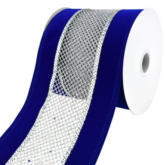 Mesh Velvet Wired Edge Christmas Ribbon, 4-Inch, 10-Yard - Royal Blue/Silver